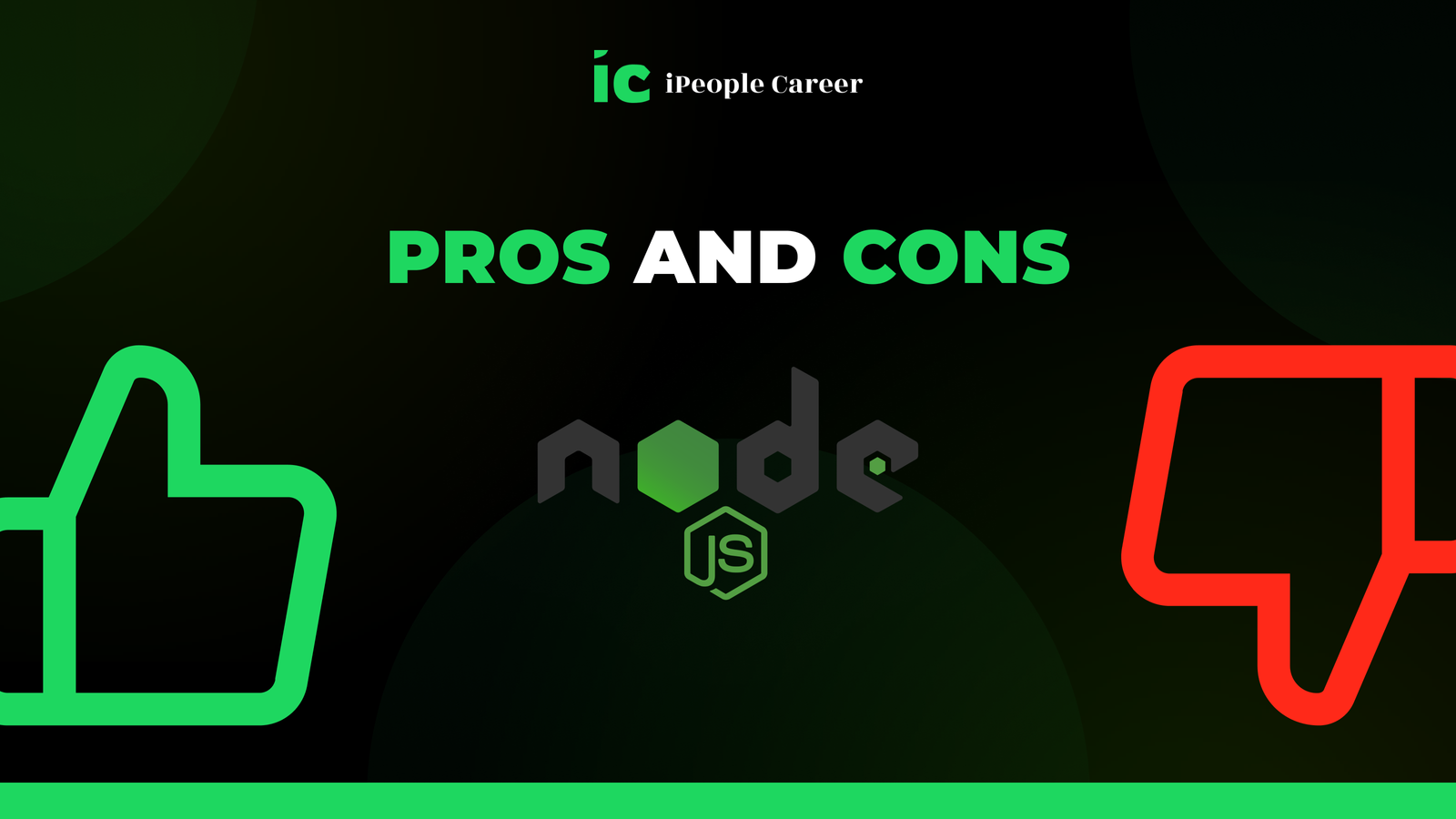 Node.js pros and cons with thumbs up and down icons.