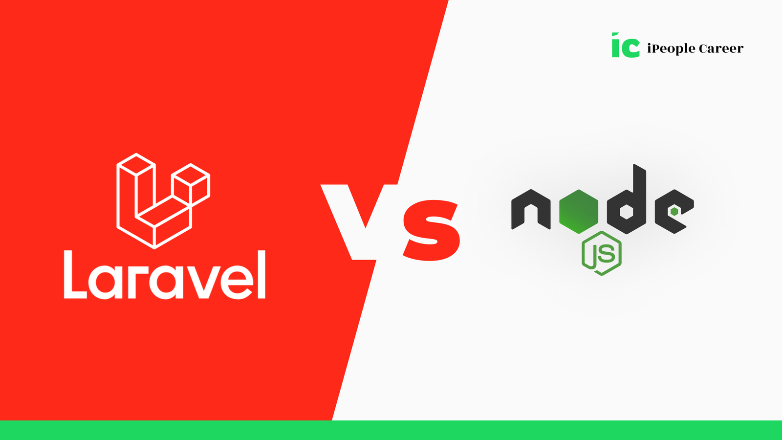 Laravel vs Node.js comparison with split red and white background and logos.